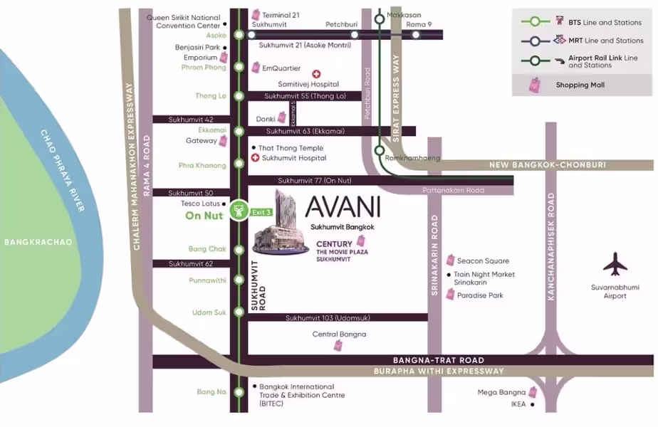 Map showing how the MRT Subway connects to the BTS Skytrain